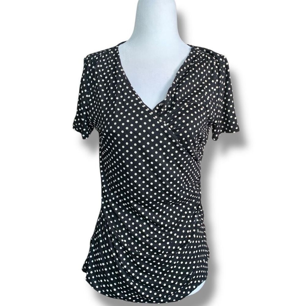 Talbots XS Black White Polka Dot Faux Wrap‎ Vneck Short Sleeve Top New With Tags